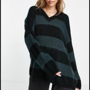 All Saints Black and Dark Teal Striped V-Neck Sweater